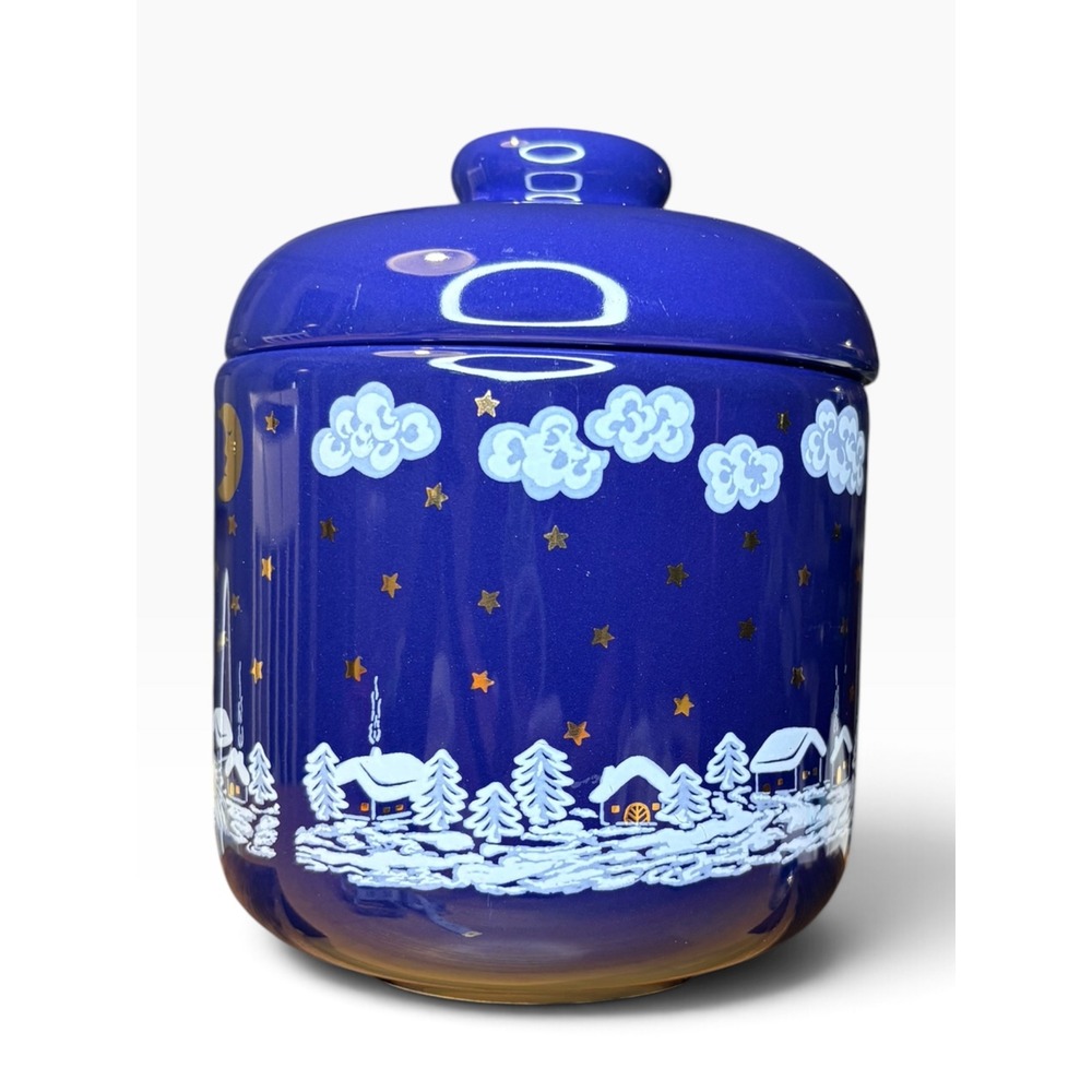Vintage Waechtersbach Germany Cobalt Blue Snowy Village Lidded Canister Jar
